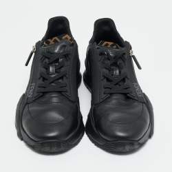 Pre Owned Fendi Black/Grey Zucca Canvas Fabric and Leather Flow Sneakers Size 43