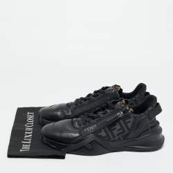 Pre Owned Fendi Black/Grey Zucca Canvas Fabric and Leather Flow Sneakers Size 43