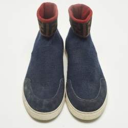 مملوكة مسبقًا Fendi Size 42 Blue Knit Fabric and Suede FF Sock High Top Sneakers 