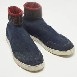 مملوكة مسبقًا Fendi Size 42 Blue Knit Fabric and Suede FF Sock High Top Sneakers 