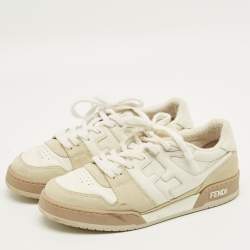 مملوكة مسبقًا حذاء رياضي فندي جلدي ومخملي بلون كريمي وأسود منخفض من الأعلى مقاس 43