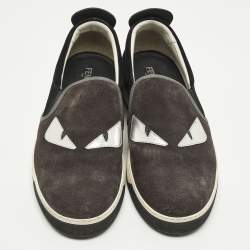 Pre Owned Fendi Monster Eyes Size 44.5 Black/Grey Leather and Suede Slip On Sneakers