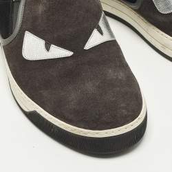Pre Owned Fendi Monster Eyes Size 44.5 Black/Grey Leather and Suede Slip On Sneakers