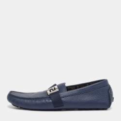 Pre Owned Fendi Size 43 Navy Blue Leather FF Logo Loafers