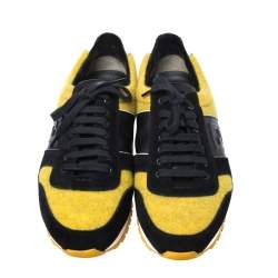 Pre Owned Fendi Black Leather/Suede and Yellow Tweed FF Logo Band Lace Up Sneakers Size 43.5