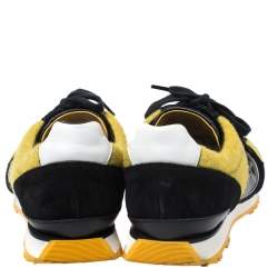 Pre Owned Fendi Black Leather/Suede and Yellow Tweed FF Logo Band Lace Up Sneakers Size 43.5