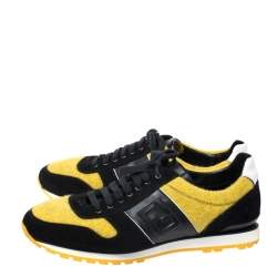 Pre Owned Fendi Black Leather/Suede and Yellow Tweed FF Logo Band Lace Up Sneakers Size 43.5