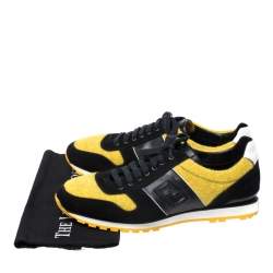 Pre Owned Fendi Black Leather/Suede and Yellow Tweed FF Logo Band Lace Up Sneakers Size 43.5