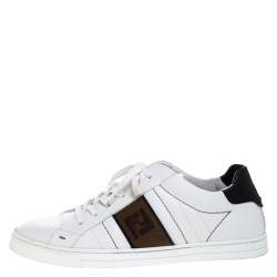Pre Owned Fendi White Leather And FF Logo Lace Up Low Top Sneaker Size 40