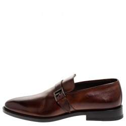 Pre Owned Fendi Brown Leather Buckle Detail Moccasins Size 43