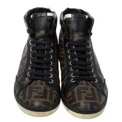 Fendi Black/Brown Zucca Coated Canvas And Leather Wimbledon High Top Sneakers Size 41