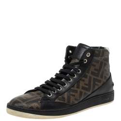 Fendi Black/Brown Zucca Coated Canvas And Leather Wimbledon High Top Sneakers Size 41