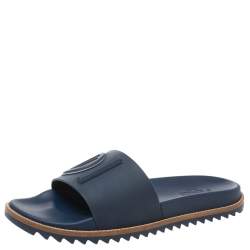 Fendi Blue Rubber Embossed Fendi Logo Slide Sandals Size 42