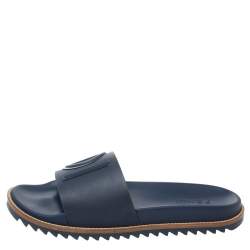 Fendi Blue Rubber Embossed Fendi Logo Slide Sandals Size 42