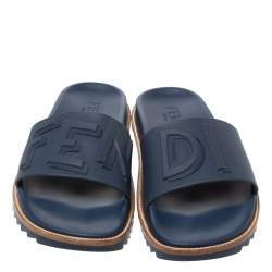 Fendi Blue Rubber Embossed Fendi Logo Slide Sandals Size 42