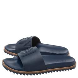 Fendi Blue Rubber Embossed Fendi Logo Slide Sandals Size 42