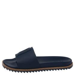 Pre Owned Fendi Blue Rubber Embossed Fendi Logo Slide Sandals Size 44