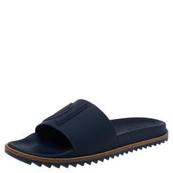 Pre Owned Fendi Blue Rubber Embossed Fendi Logo Slide Sandals Size 44