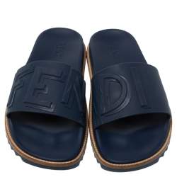 Pre Owned Fendi Blue Rubber Embossed Fendi Logo Slide Sandals Size 44