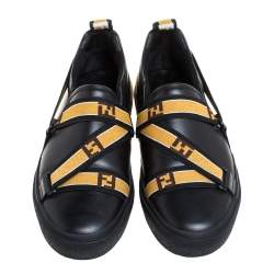 Fendi Black Leather Logo Elastic Strap Slip On Sneakers Size 42