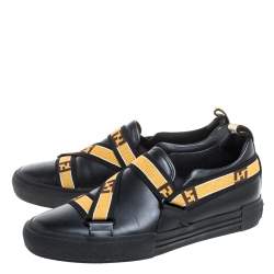 Fendi Black Leather Logo Elastic Strap Slip On Sneakers Size 42
