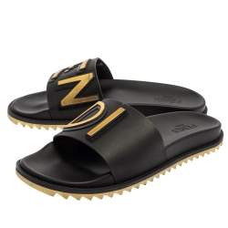  Fendi Black Rubber Logo Print Slide Sandals Size 44