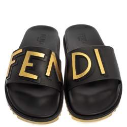  Fendi Black Rubber Logo Print Slide Sandals Size 44