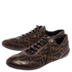 مملوكة مسبقًا Fendi Zucca Canvas And Leather Trim Lace Up Sneakers Size 39.5