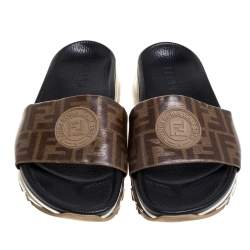 Pre Owned Fendi Brown/Beige Coated Canvas FF Logo Bubble Sole Slides Size 42
