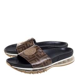 Pre Owned Fendi Brown/Beige Coated Canvas FF Logo Bubble Sole Slides Size 42