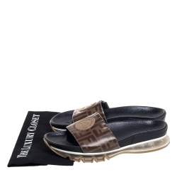 Pre Owned Fendi Brown/Beige Coated Canvas FF Logo Bubble Sole Slides Size 42