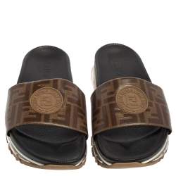 Fendi Brown Zucca Coated Canvas Embellished Flat Slide Sandals Size 43