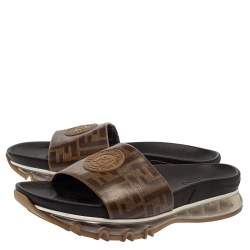 Fendi Brown Zucca Coated Canvas Embellished Flat Slide Sandals Size 43