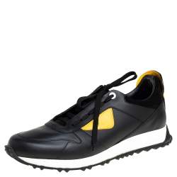Pre Owned Fendi Black/Yellow Leather Monster Eyes Sneakers Studded Low Top Sneakers Size 42