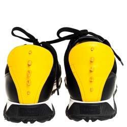 Pre Owned Fendi Black/Yellow Leather Monster Eyes Sneakers Studded Low Top Sneakers Size 42