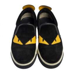 Fendi Black/Yellow Suede And Leather Monster Eye Slip On Sneakers Size 42
