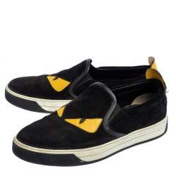 Fendi Black/Yellow Suede And Leather Monster Eye Slip On Sneakers Size 42
