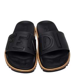 Fendi Black Rubber Logo Slide Sandals Size 43