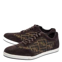 Fendi Brown Suede And Zucca Canvas Low Top Sneakers Size 43.5