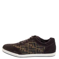 Fendi Brown Suede And Zucca Canvas Low Top Sneakers Size 43.5