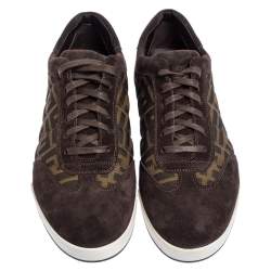 Fendi Brown Suede And Zucca Canvas Low Top Sneakers Size 43.5