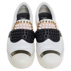 Fendi White/Black Leather Studded Karlito Slip On Sneakers Size 40