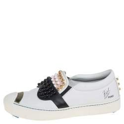 Fendi White/Black Leather Studded Karlito Slip On Sneakers Size 40