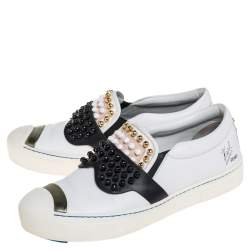 Fendi White/Black Leather Studded Karlito Slip On Sneakers Size 40
