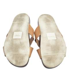 مملوكة مسبقًا Fendi Brown Leather Cross Strap Slide Sandals Size 41