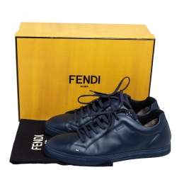 Fendi Navy Blue Leather Faces Low Top Sneakers Size 42