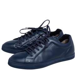 Fendi Navy Blue Leather Faces Low Top Sneakers Size 42