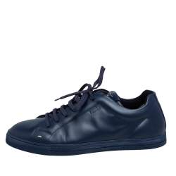 Fendi Navy Blue Leather Faces Low Top Sneakers Size 42