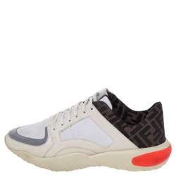 Fendi White/Brown FF Logo Canvas And Leather Low Top Sneakers Size 43