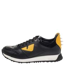 Fendi Black/Yellow Leather and Suede Bag Bugs Low Top Sneakers Size 42